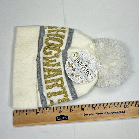 Hogwarts Harry Potter Pompom Ivory Gold Beanie Hat Youth OSFM NWT - Picture 6 of 6
